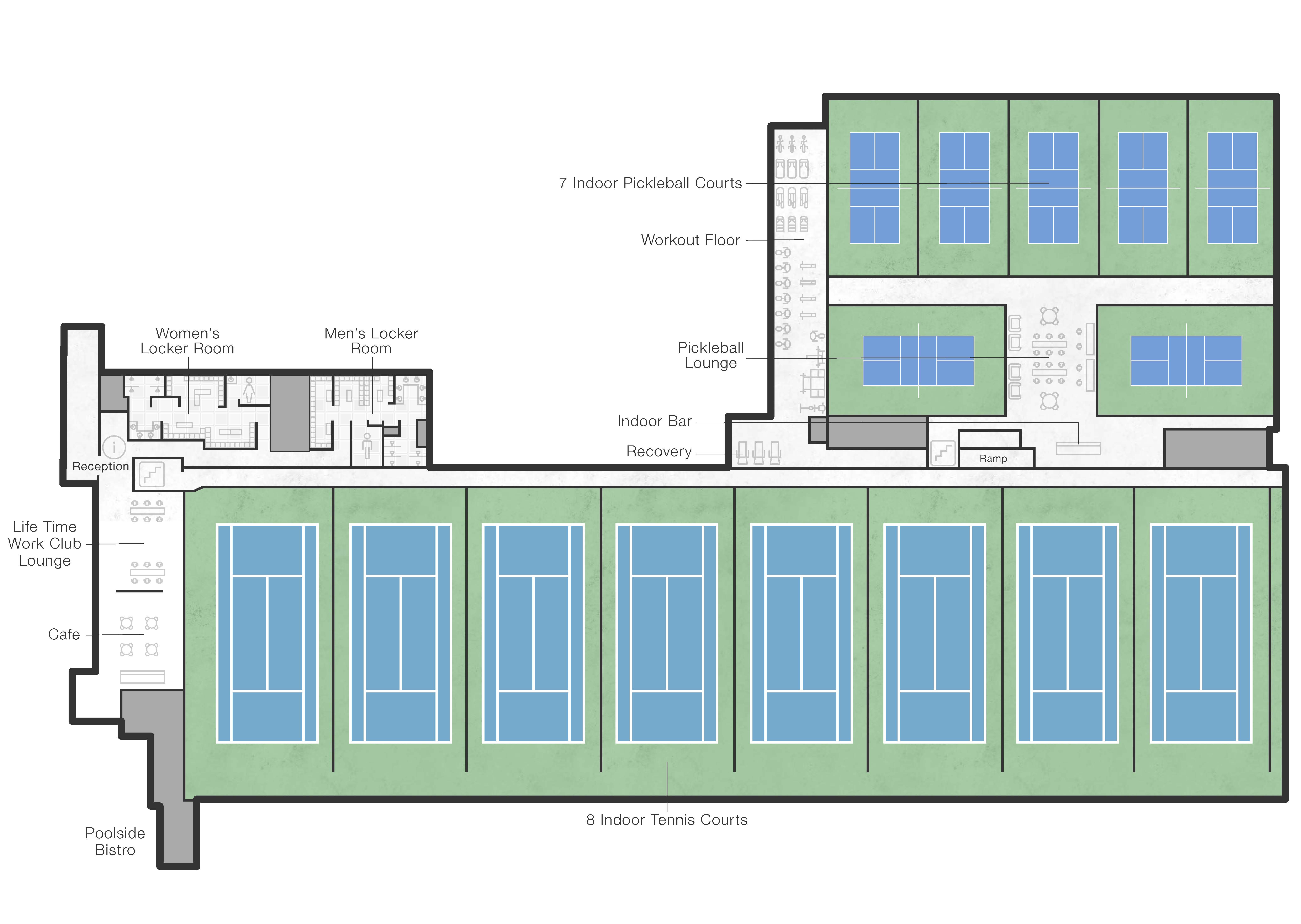 the first floor of creve coeur with outdoor tennis and pickleball courts