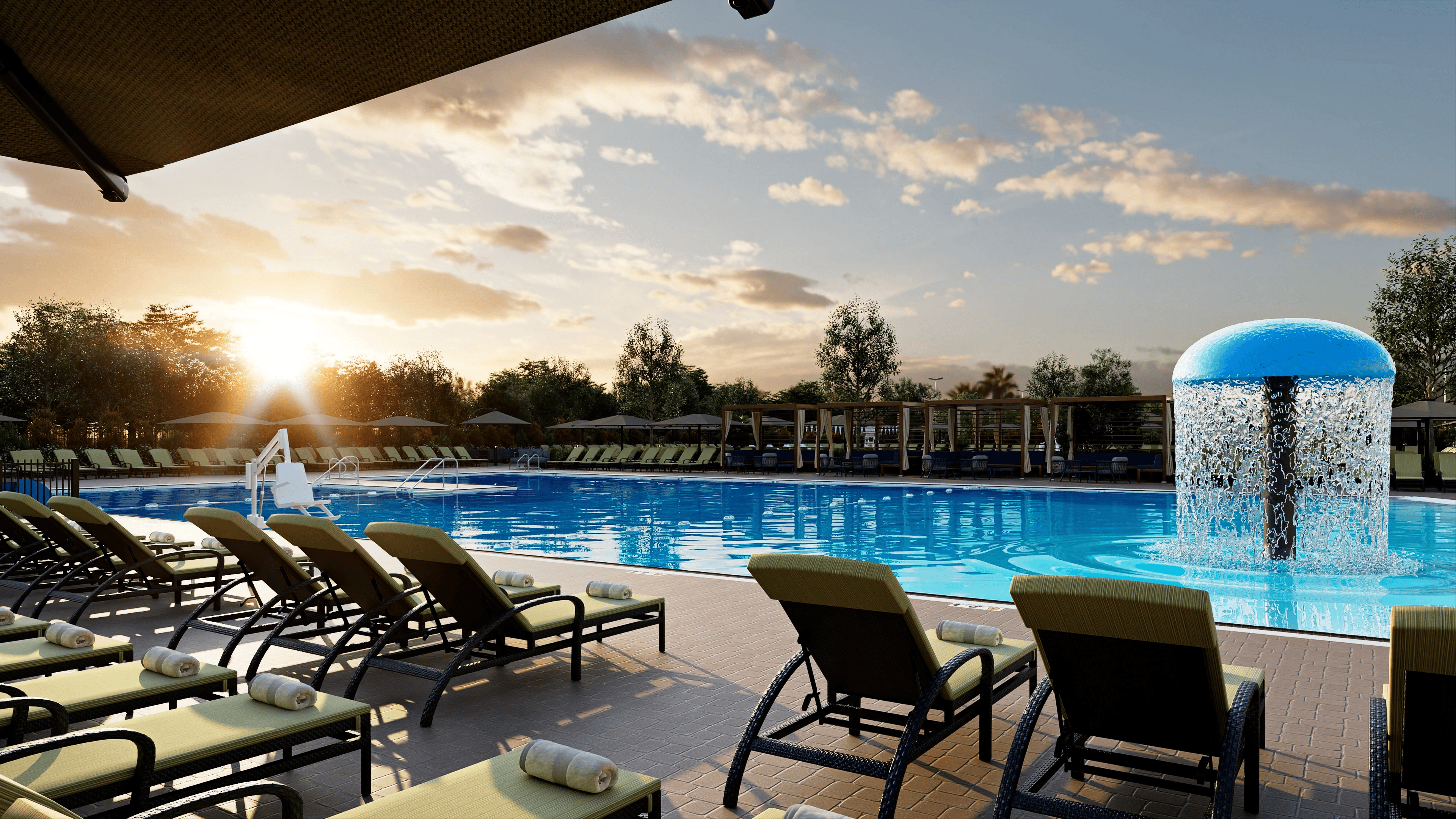 outdoor leisure pool and cabanas at Life Time