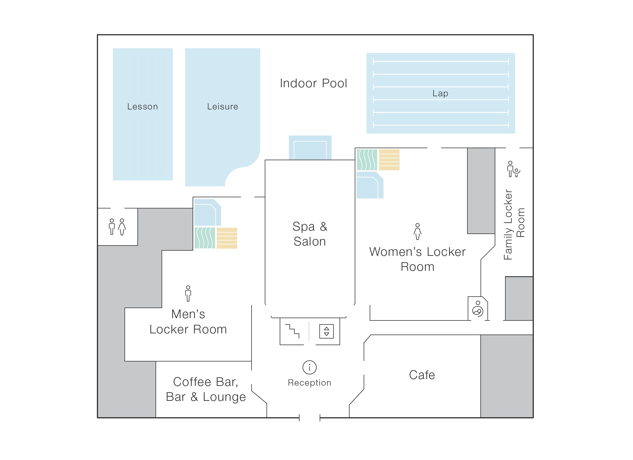 The first floor of Life Time Oakbrook featuring family, men and women's locker rooms that lead to outdoor pools, and a spa and salon. The first floor includes a cafe, coffee lounge, bar & lounge, and a reception space. 
