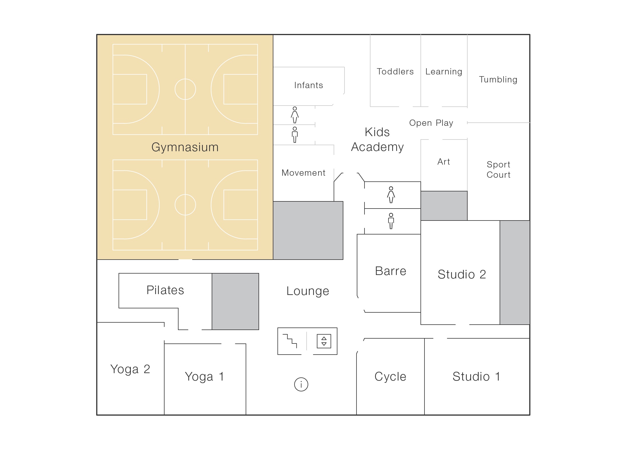 The second floor of Life Time Oakbrook featuring a gymnasium, kids academy, and a reception space. The second floor includes three studios and a studio specific to yoga, pilates, cycle and barre. 