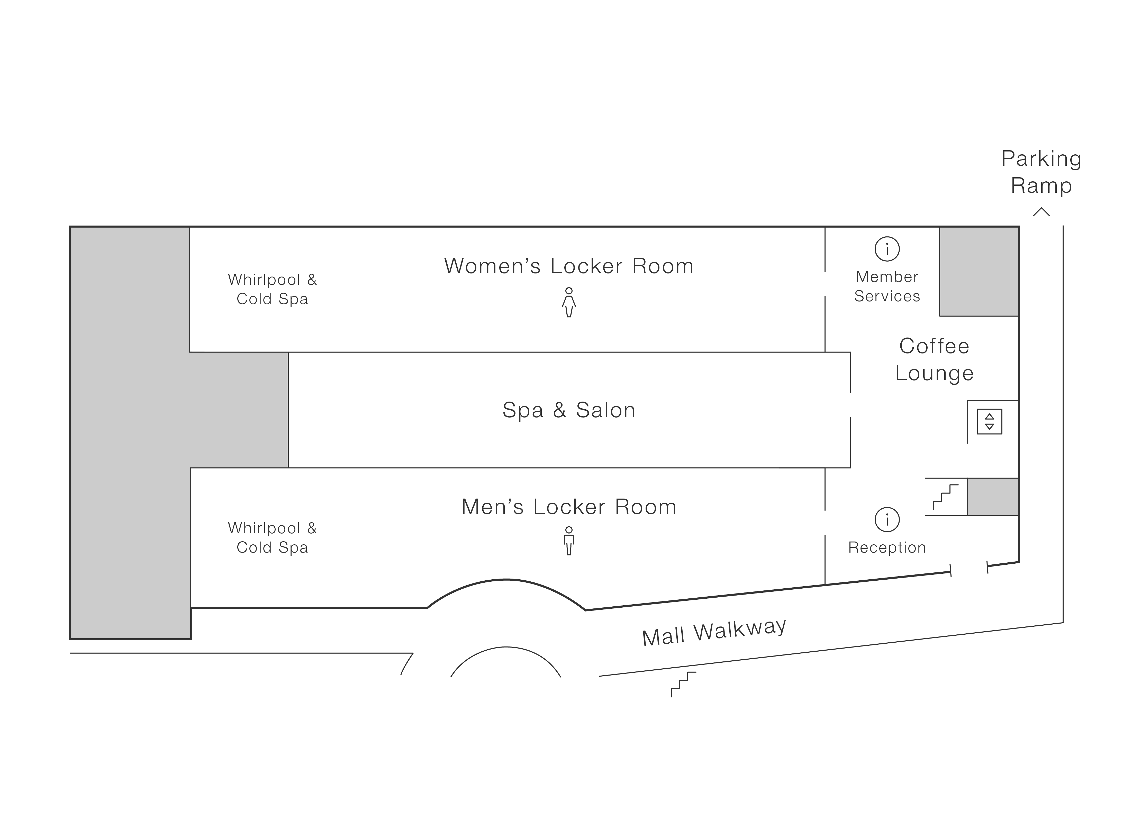 The second floor east of Life Time GreenStreet features a women’s locker room and mens locker room that each feature a whirlpool and cold spa. A coffee lounge, spa and salon, along with member services and reception space. The second floor east has access to the mall walkway and parking ramp. 