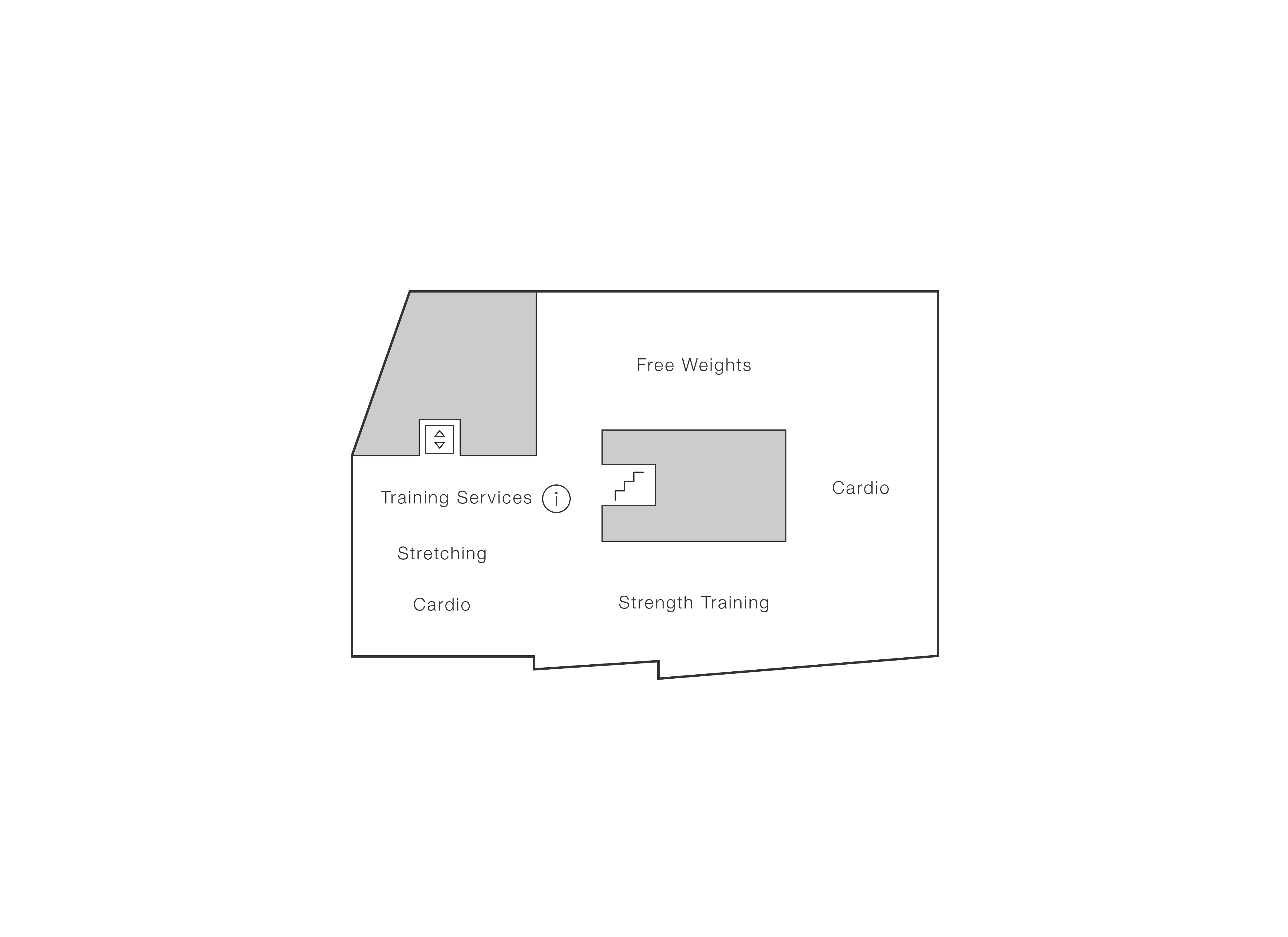 The second floor west of Life Time GreenStreet features areas with free weights, strength training, cardio, and stretching. The second floor west also has training services.