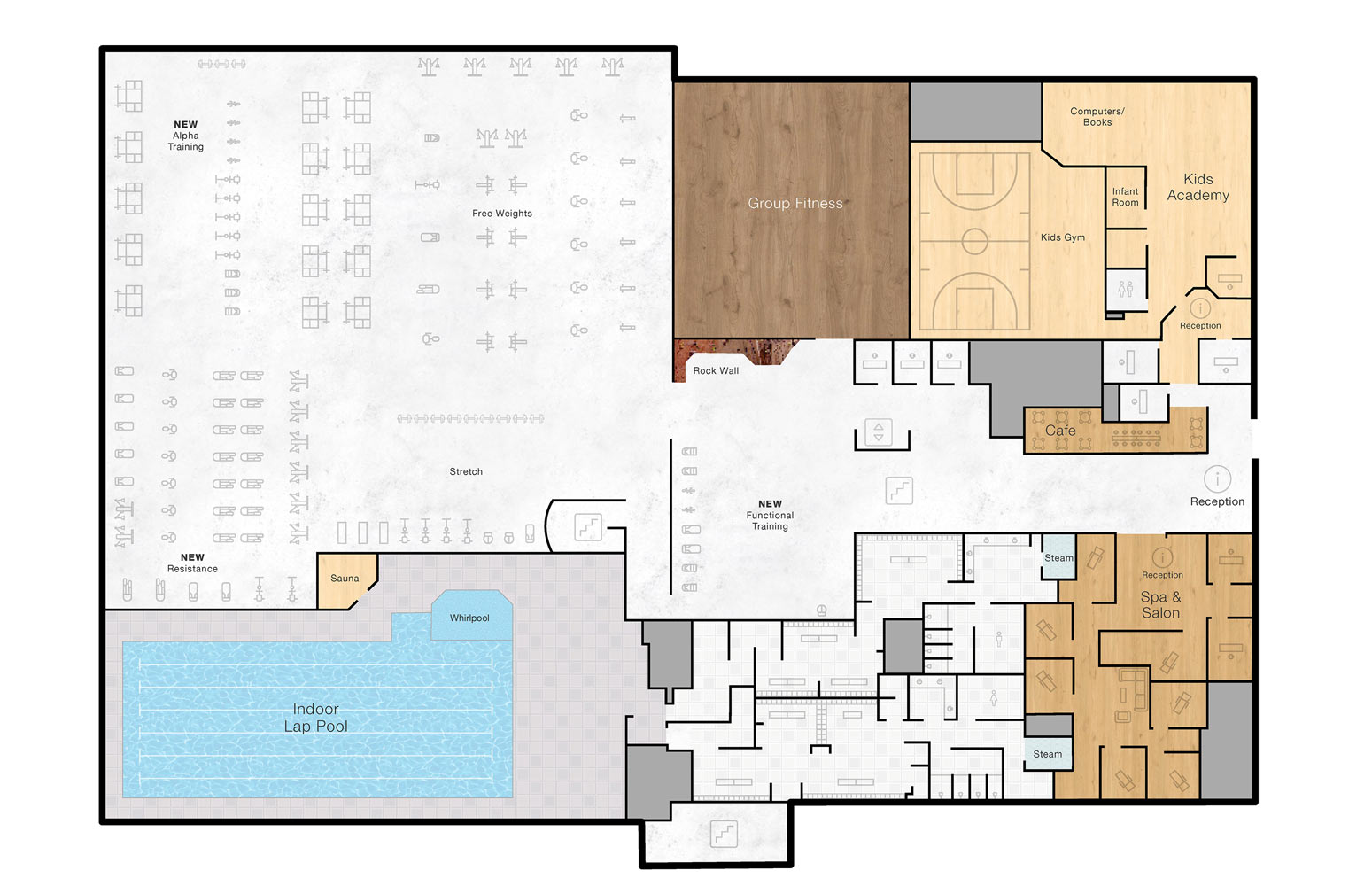 The third floor or Life Time Kingwood with an outdoor lap pool, reception area, locker rooms and work out area