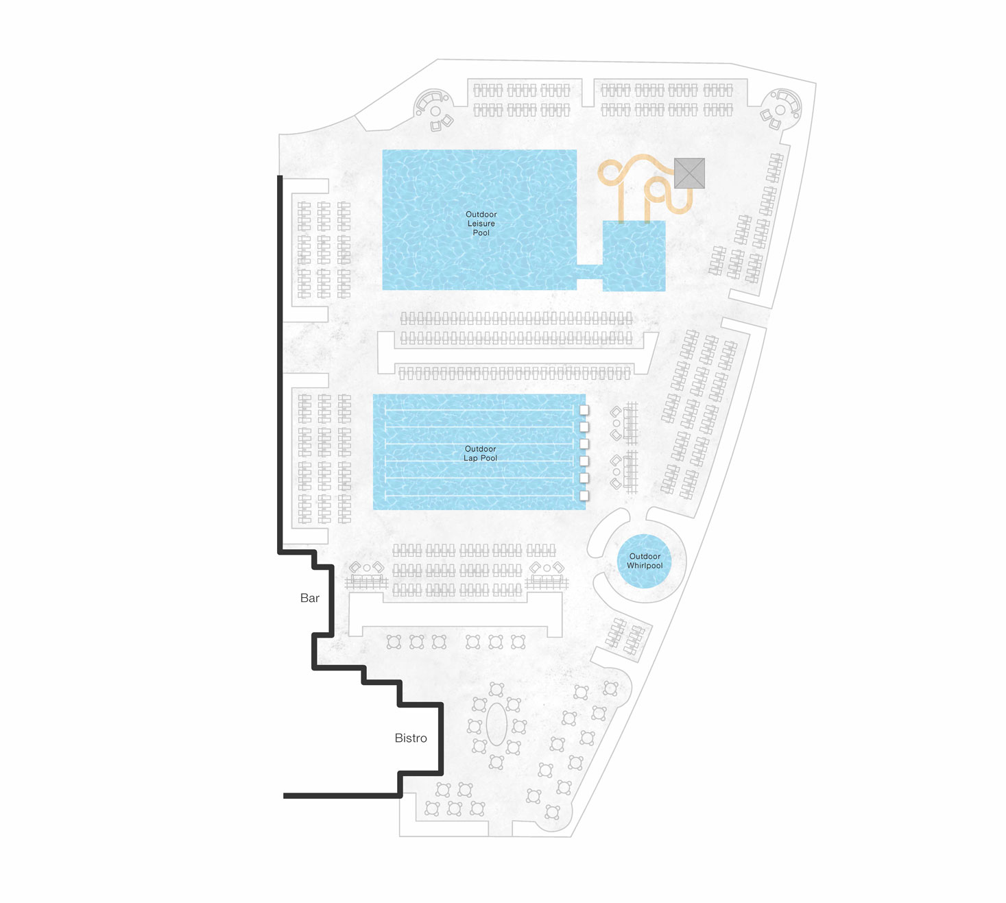 The first floor of Life Time Shenandoah with outdoor leisure and lap pool with waterslides and whirlpool