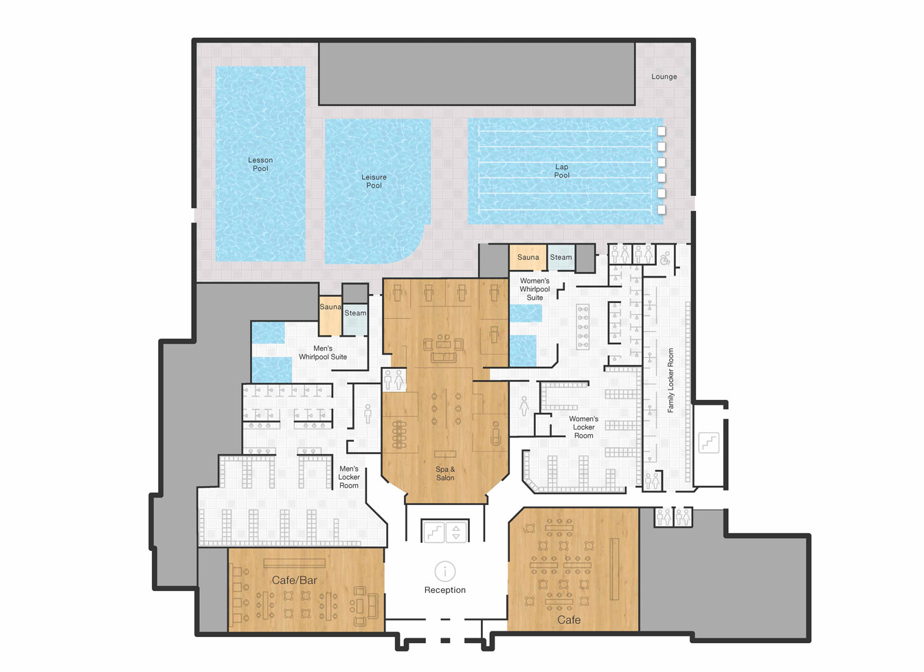 The second floor of Life Time Shenandoah with reception desk, cafe, spa and locker rooms