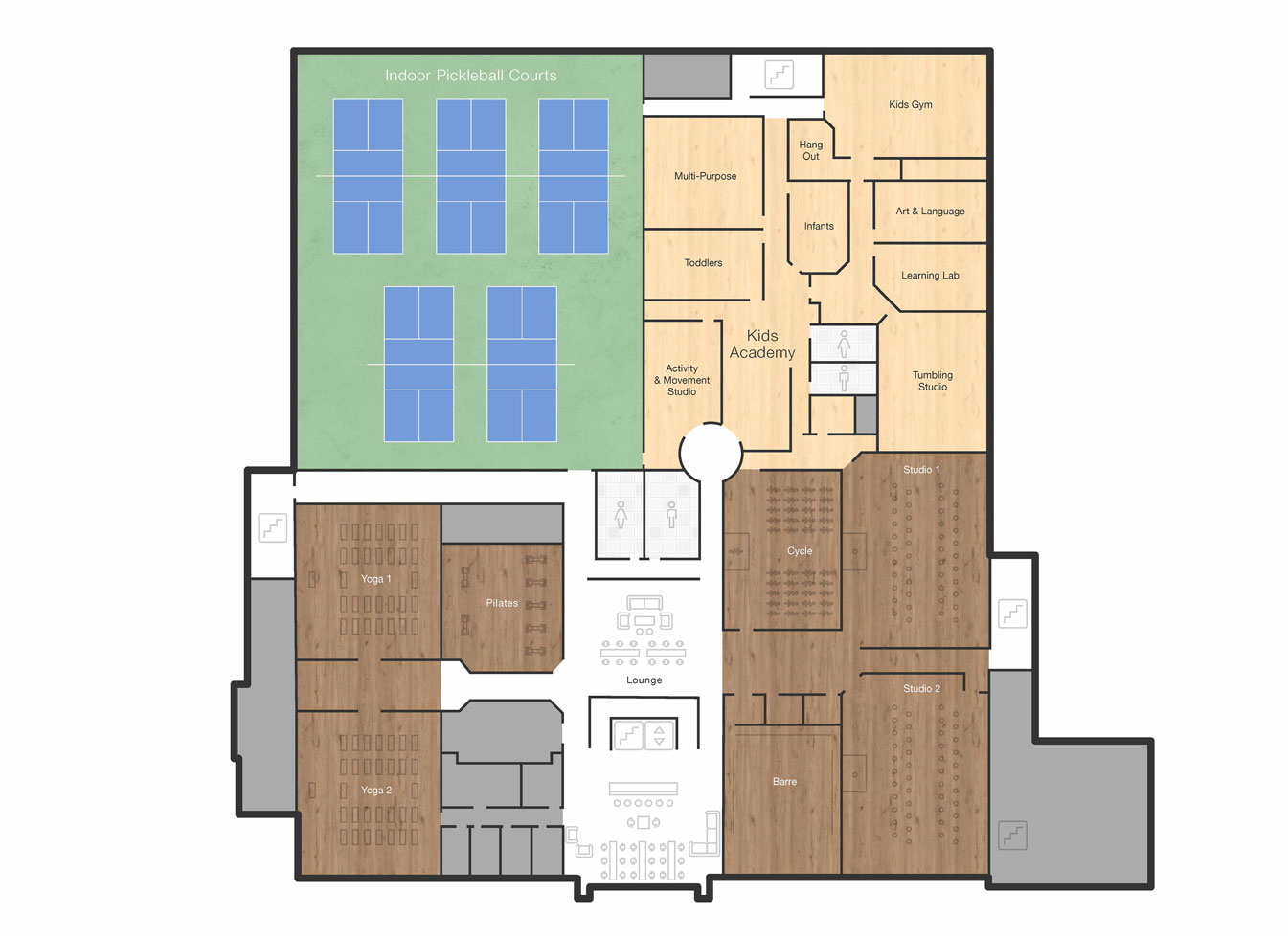 The third floor or Life Time Shenandoah with studio rooms including yoga, barre and cycle along with the kids academy, gym, and pickleball courts