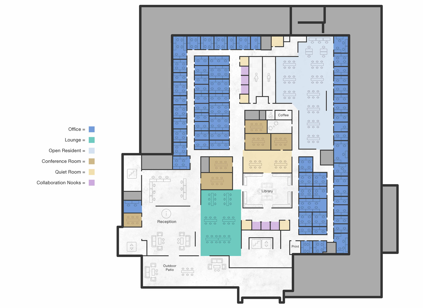 a guided map of Life Time Shenandoah work, the library, conference rooms and patio