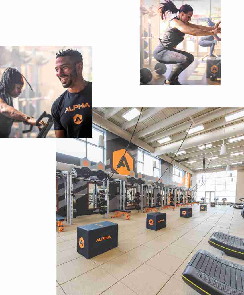 A collage of 3 images: top, a woman mid squat jump, middle, a coach smiles at an athlete, bottom, a brightly lit alpha training area with equipment