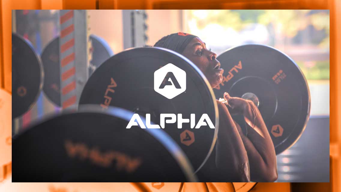 Alpha logo over an image of an athlete doing a barbell squat