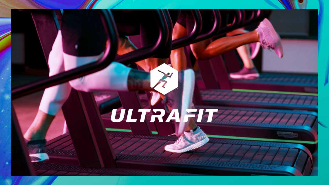 The Ultra Fit logo over an image of people's feet running on a treadmill