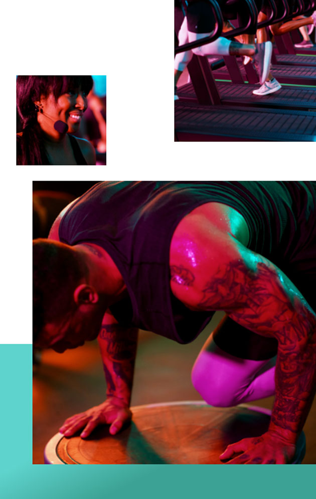 A collage of 3 images: top, a woman an Ultra Fit coach, smiling, middle,  A waist down shot of three people running on side-by-side treadmills., bottom,  A photo of a man doing mountain climbers on an upside-down Bosu ball. 
