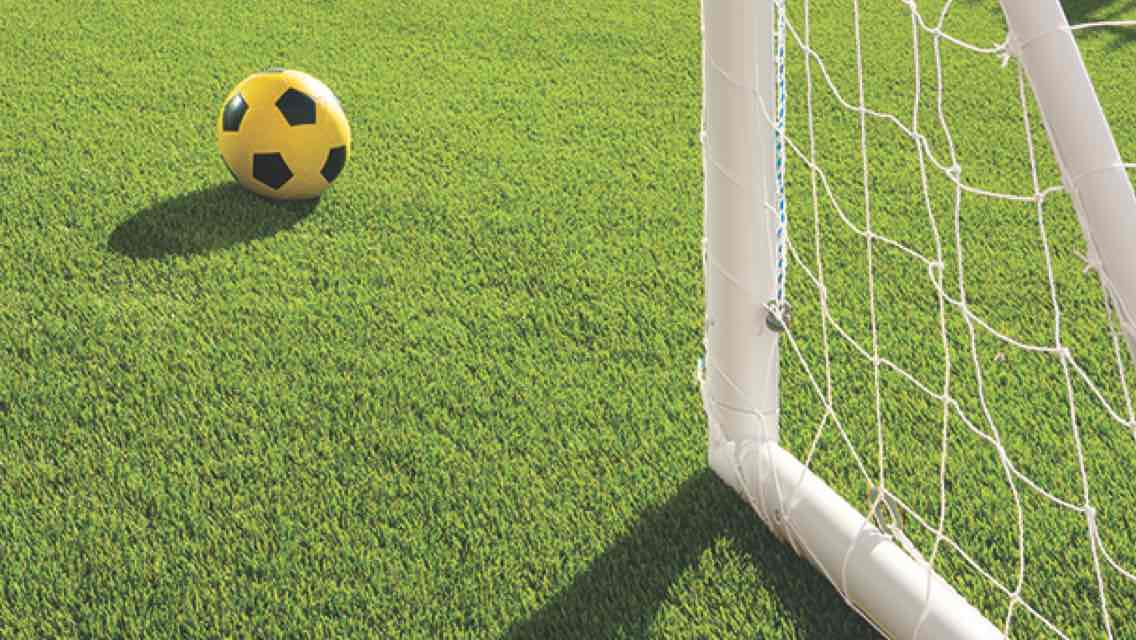 A green indoor turf field with a white soccer goal and a yellow and black checkered soccer ball