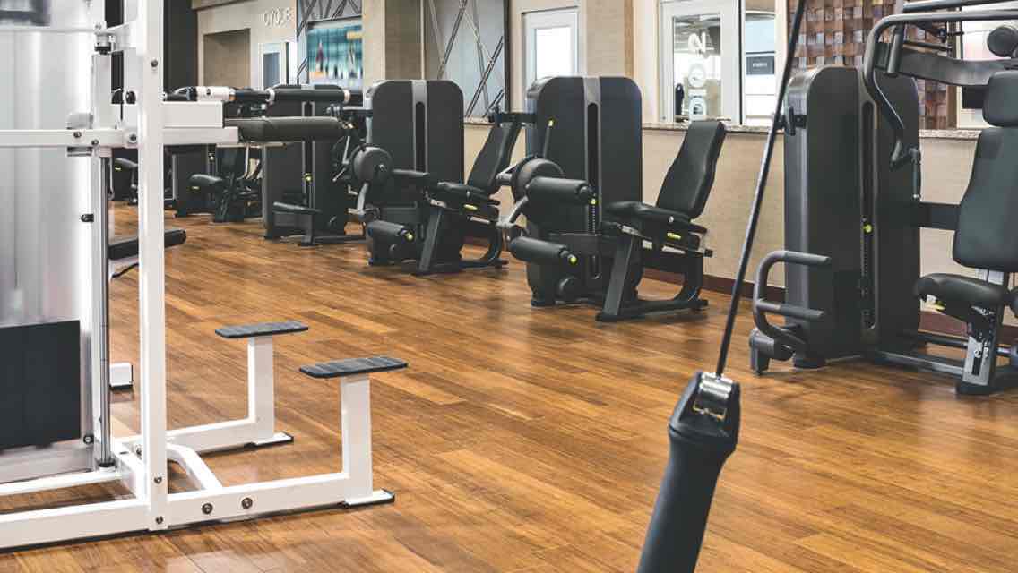 A sunlit weight-training area filled with weight benches, weight machines and racks of free weights