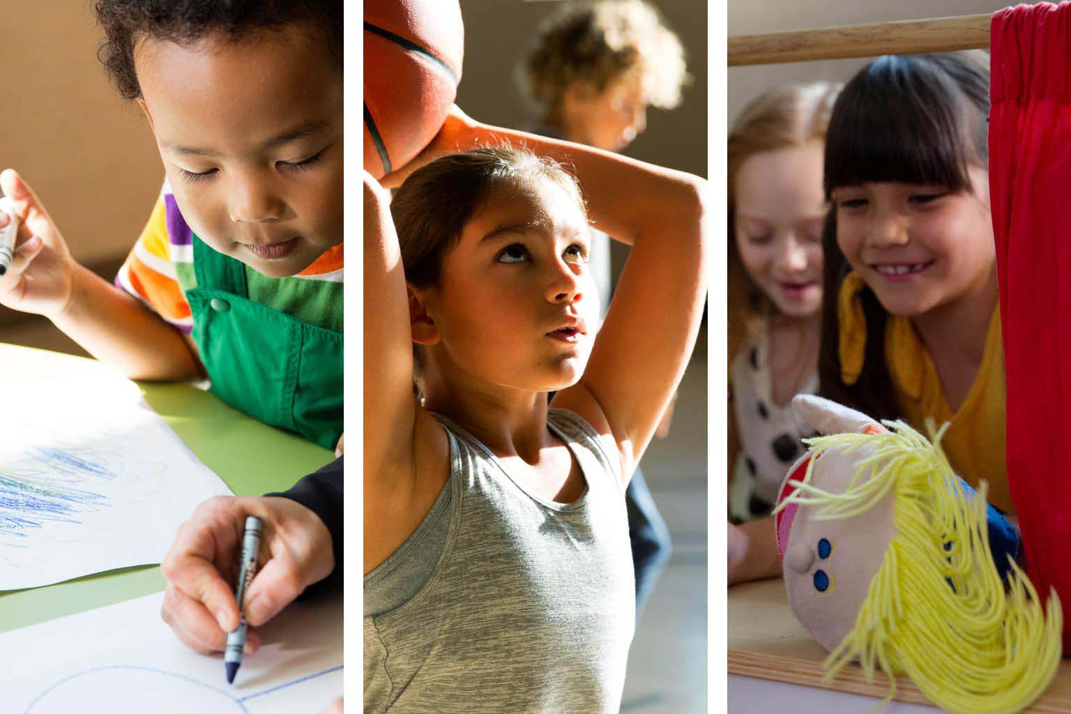 a collage of images showing a young boy drawing, a young girl shooting a basketball, and a young girl playing with a doll.