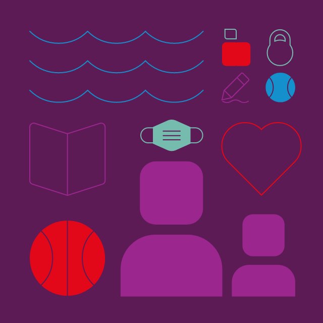 Colorful graphic images in the shape of a basketball, mask, water waves, a book, baseball, kettlebell, apple and people.