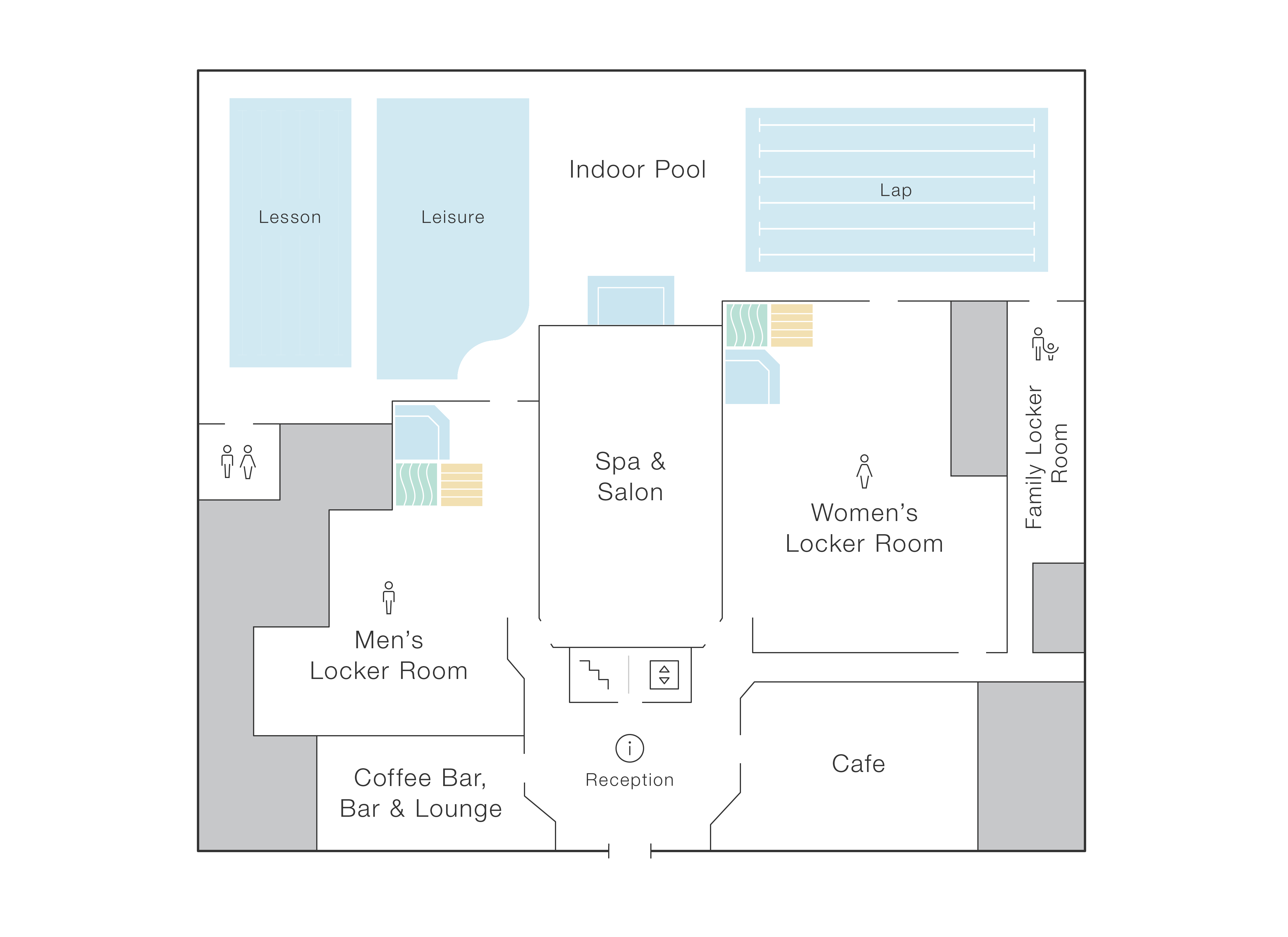 The first floor of Life Time Northshore features a cafe, coffee bar, bar and lounge, and reception area. The men’s, women’s, and family locker rooms all are located on the first floor as well. There is access to the Indoor Pool through the locker rooms. 