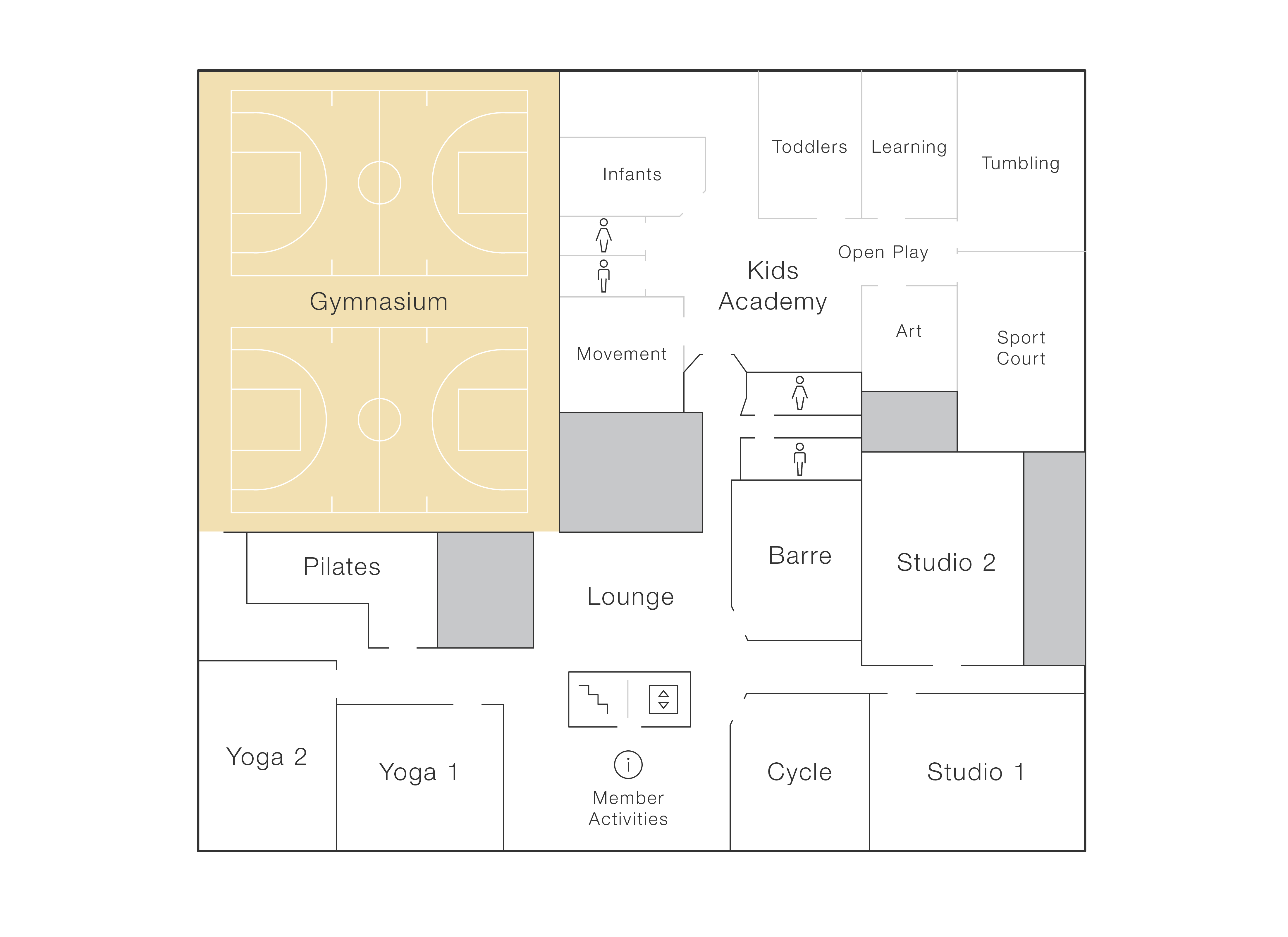 The second floor of Life Time Northshore features a lounge, the kids academy, gymnasium, group fitness studios, cycle, barre, yoga, and pilates. 