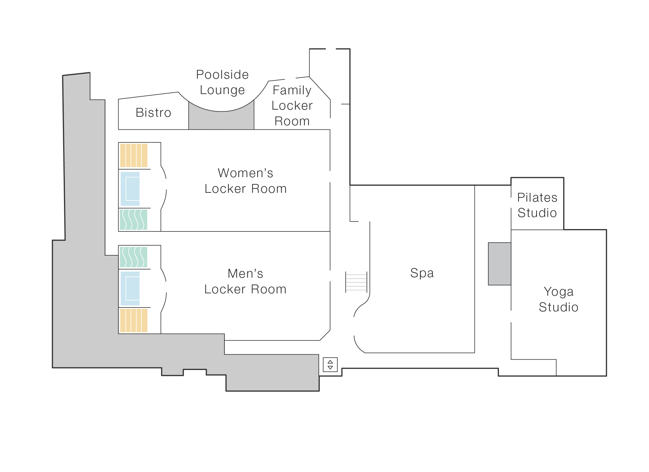 The first floor of Life Time Rancho San Clemente featuring family, men and women's locker rooms that lead to outdoor pools, a poolside lounge and bistro, a spa, pilates studio and yoga studio. 