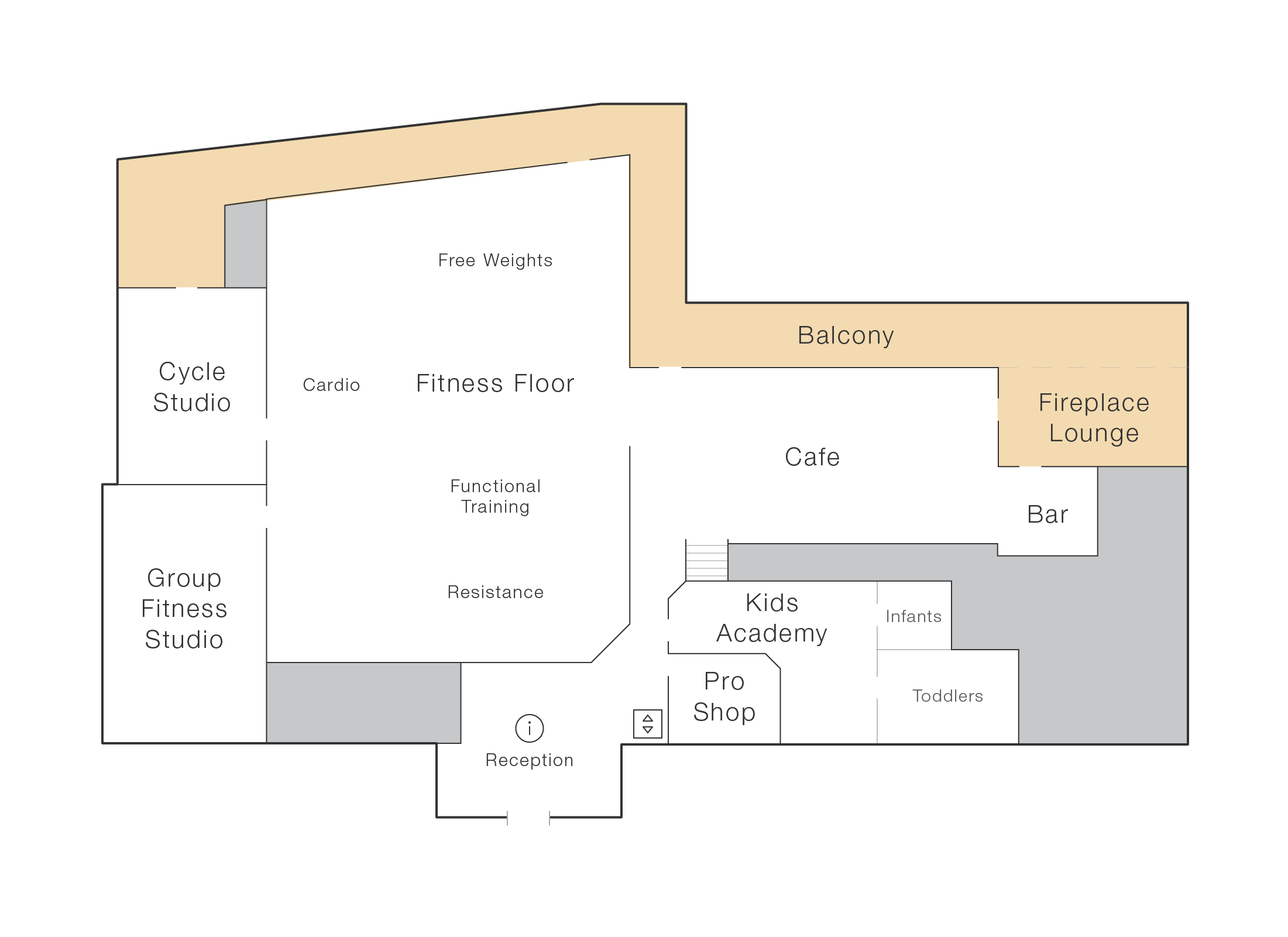 The second floor of Life Time Rancho San Clemente featuring the reception, a group fitness studio, cycle studio, fitness floor, pro shop, kids academy, cafe, bar, balcony and fireplace lounge.