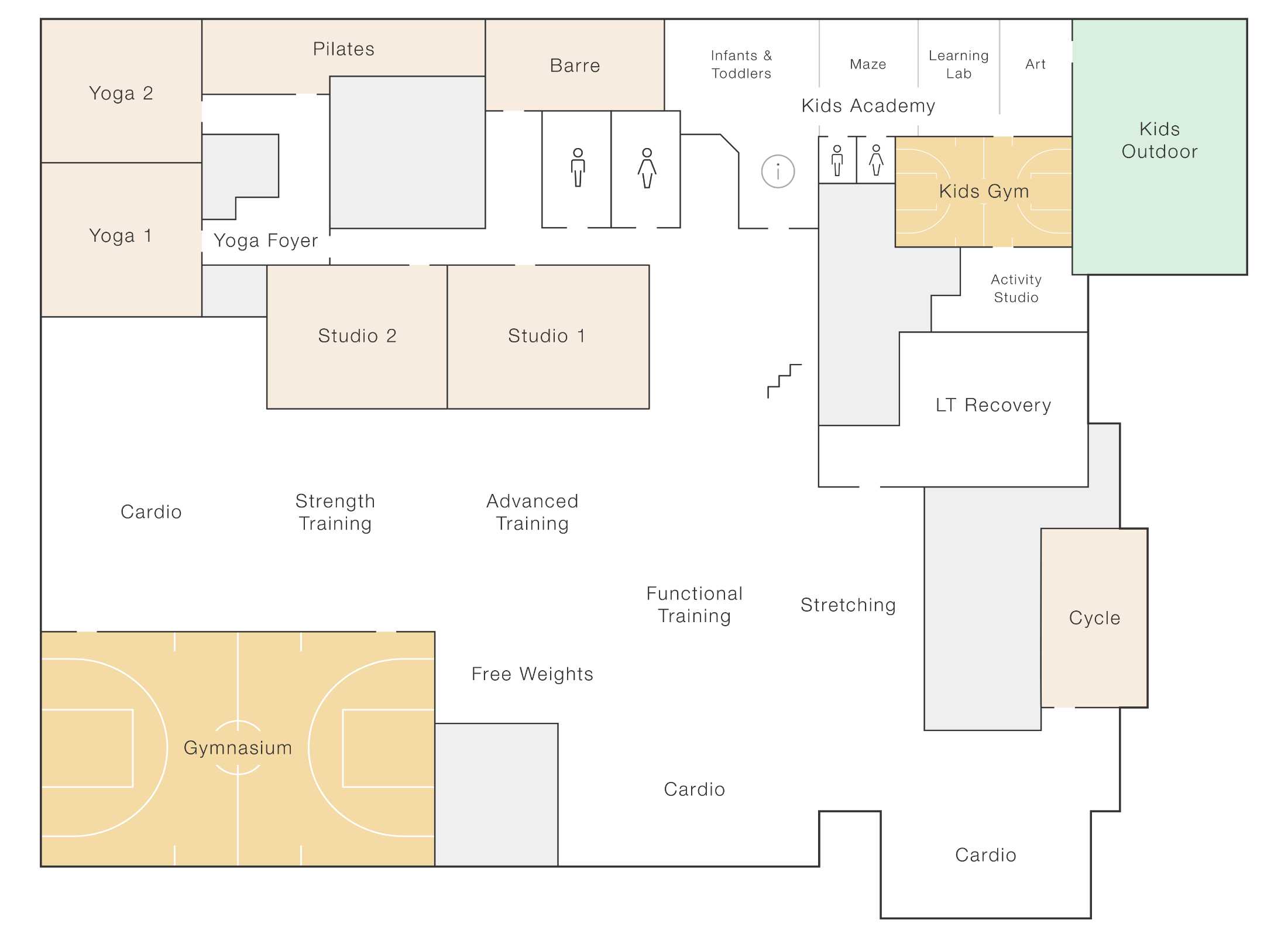 The first floor or Life Time  River North features a fitness floor with cardio space, strength training, advanced training, functional training, stretching and free wights. It  includes studio spaces for Yoga, Pilates, Barre, and other studio space. It includes the Kids Academy, Kids Gym, Activity studio and Kids outdoor space. 