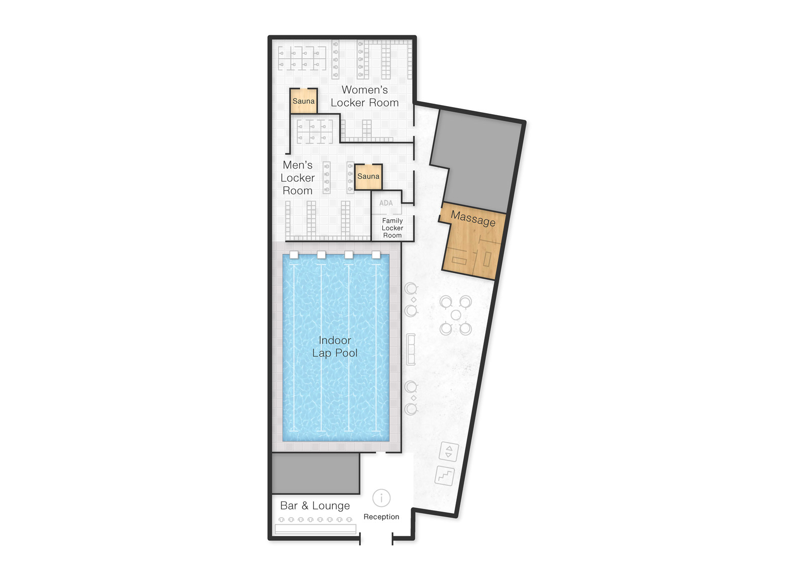 floor one at life time wellington station featuring locker rooms, indoor lap pool, sauna and massage room, bar and lounge and reception desk.