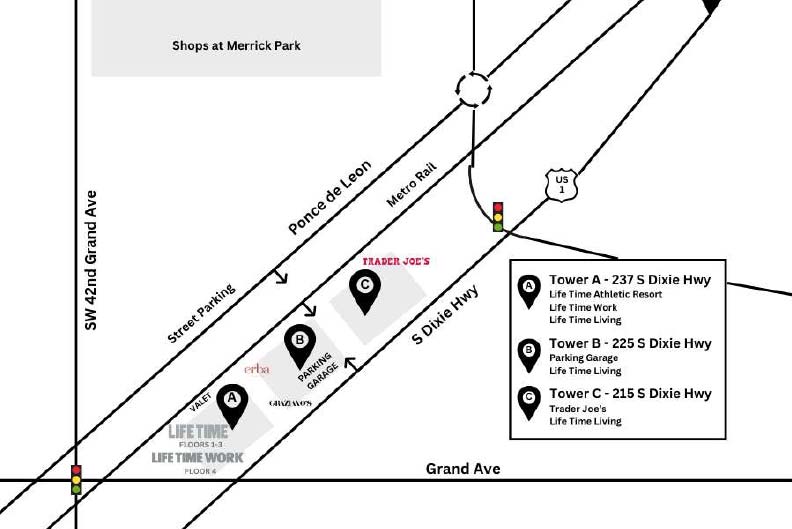 Road map showing the locations of the Life Time athletic resort, Work and Living in Coral Gables, Florida