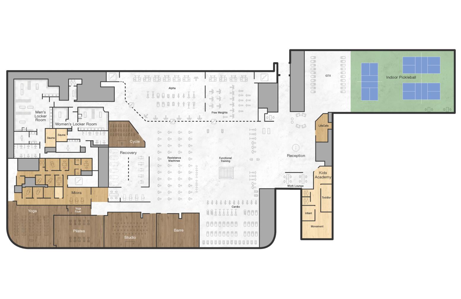 The first floor of Life Time Evanston with group fitness studios, cardio and workout floor, reception desk, kids academy, locker rooms and outdoor pickleball courts.