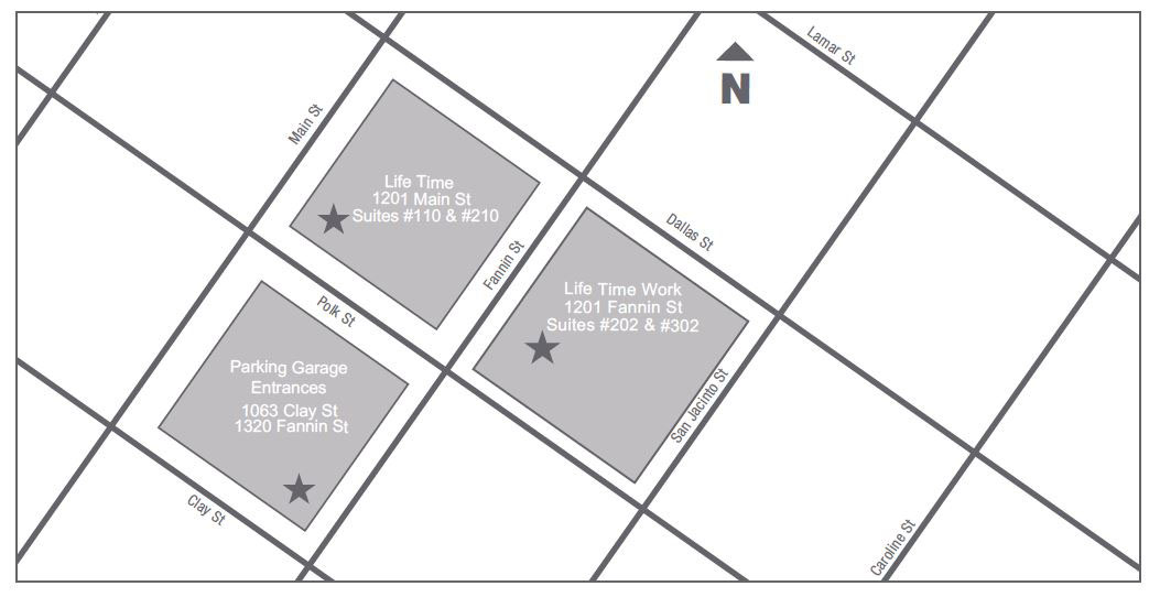 A simple road map showing the locations of the Life Time Athletic Resort and the Life Time Work location at Life Time GreenStreet and a parking ramp for use by members. 