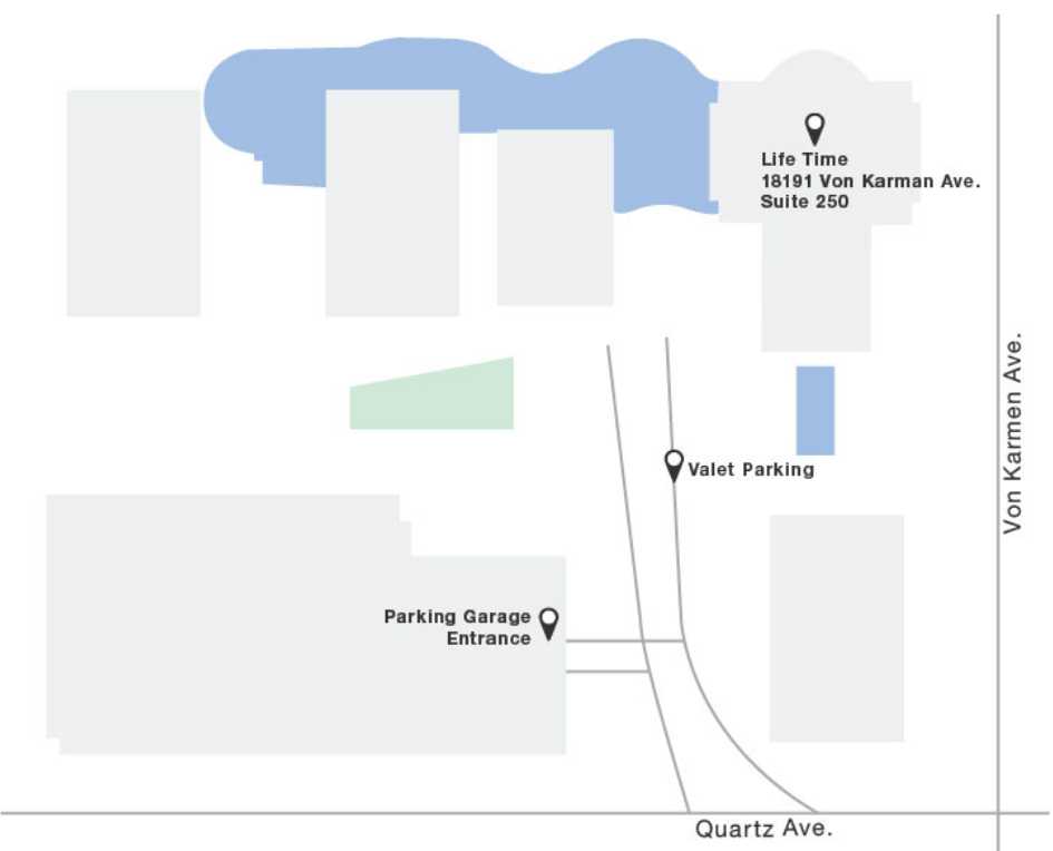 A simple road map showing the locations of the parking at Life Time Lakeshore-Irvine