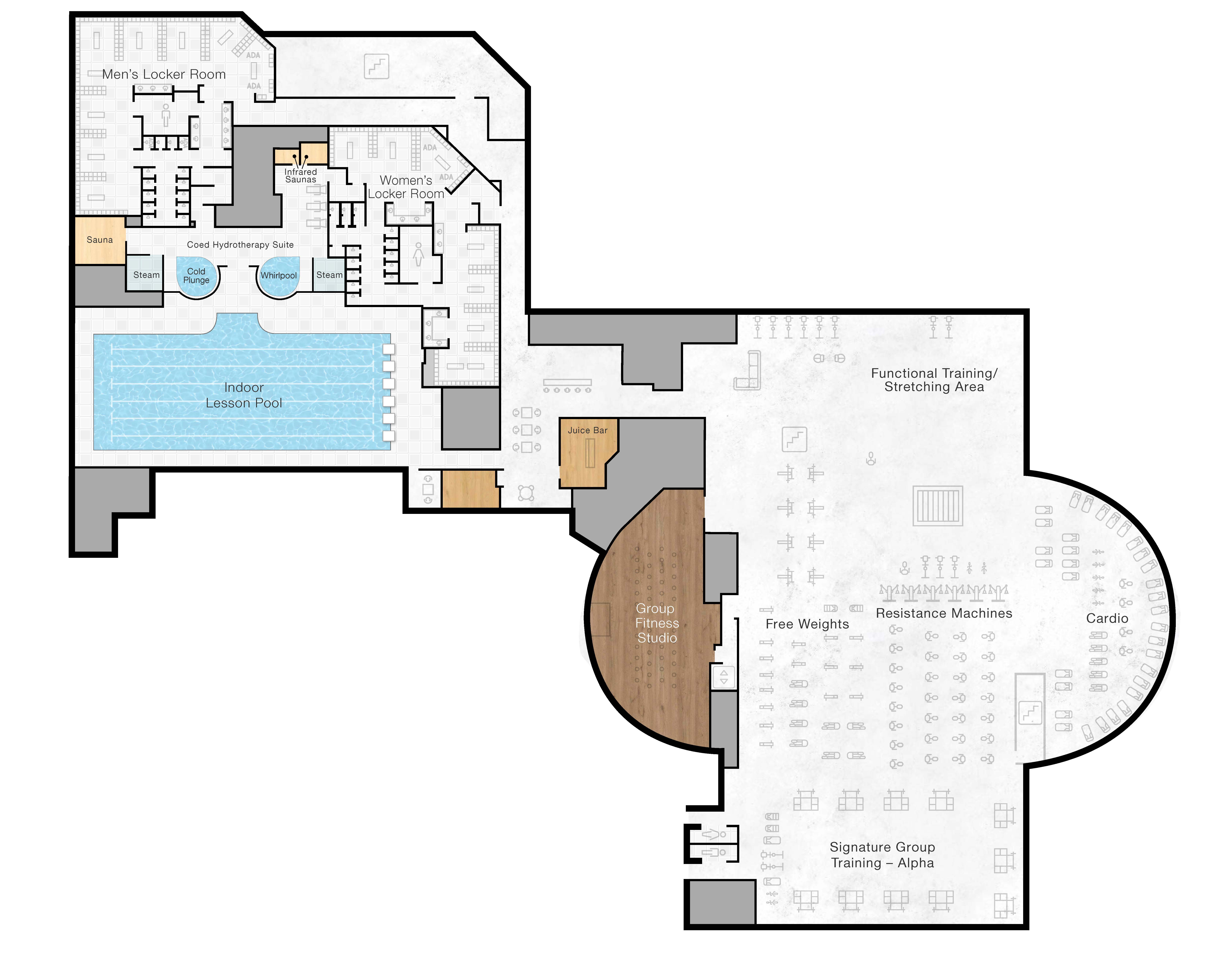 The first floor of Life Time Perimeter  featuring family, men and women's locker rooms, and a spa and salon. The first floor includes a functional training, cardio, group training and a reception space. 