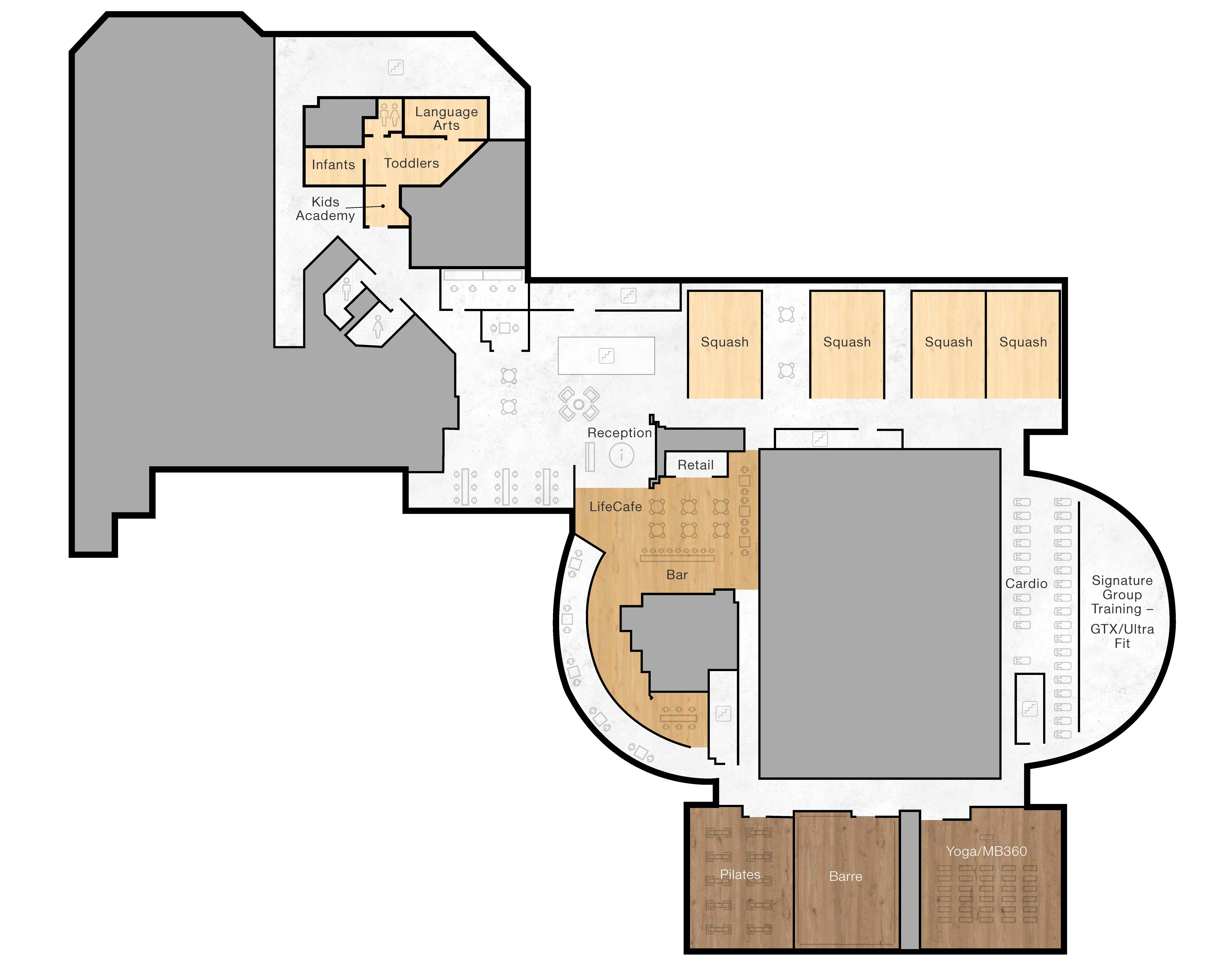 The second floor of Life Time Perimeter featuring squash courts, LT Shop and Cafe, Group fitness studios, pilates and yoga room