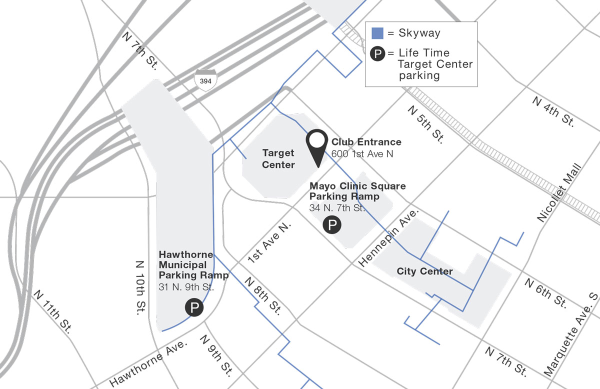 A simple road map showing the locations of the parking garages available to Life Time Target Center members