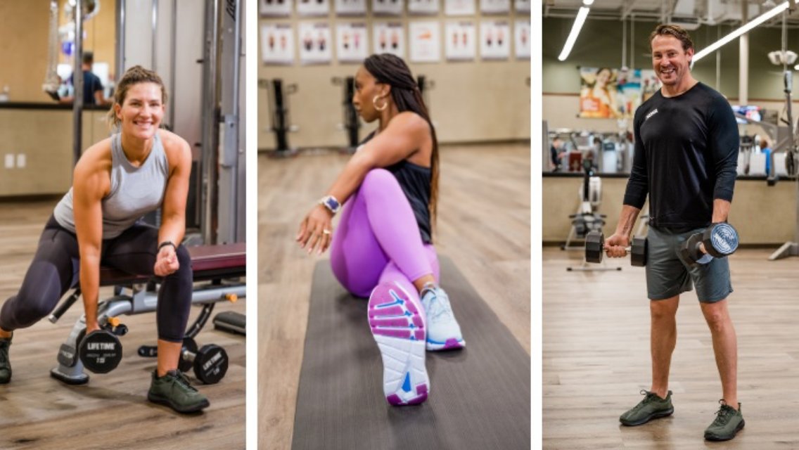 A woman sitting on bench lifting dumbbell. A woman stretching on a yoga mat. A man lifting dumbbells in a gym. 