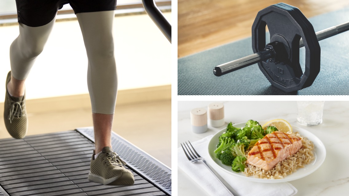 Legs running on a treadmill. A barbell on a yoga mat. A plate with salmon, broccoli and rice. 