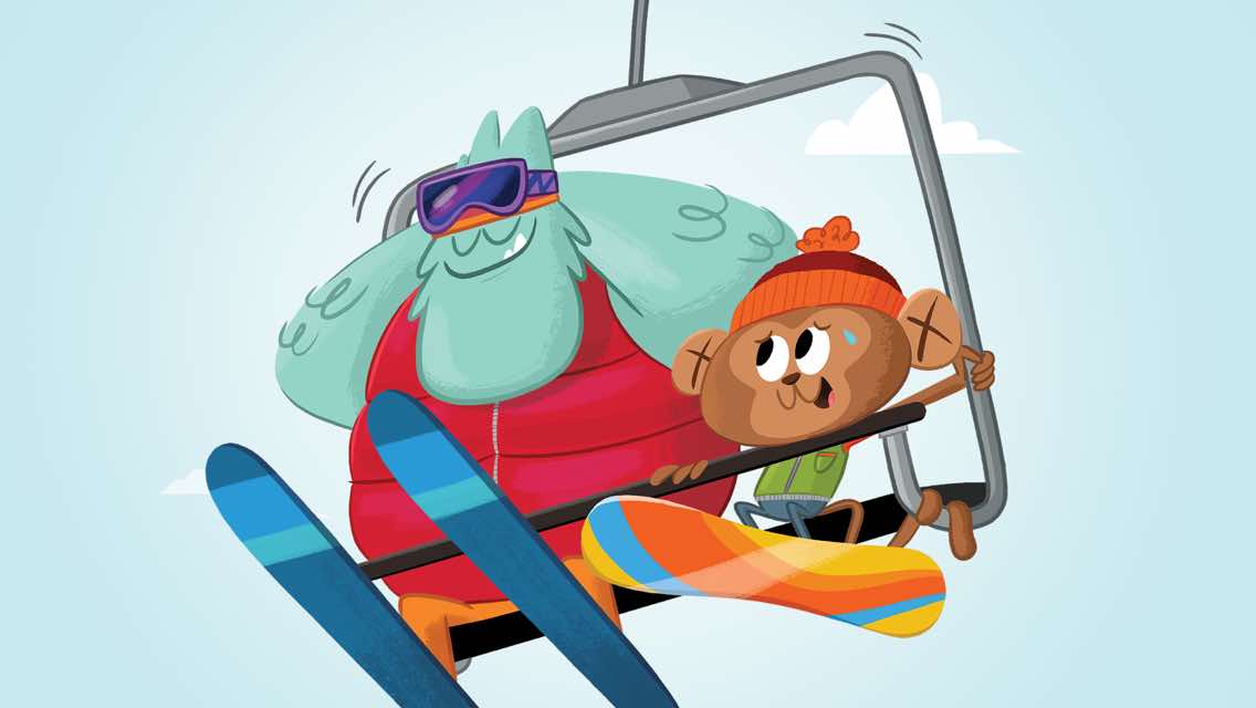 Cartoon monster and monkey wearing skiing gear on a chairlift