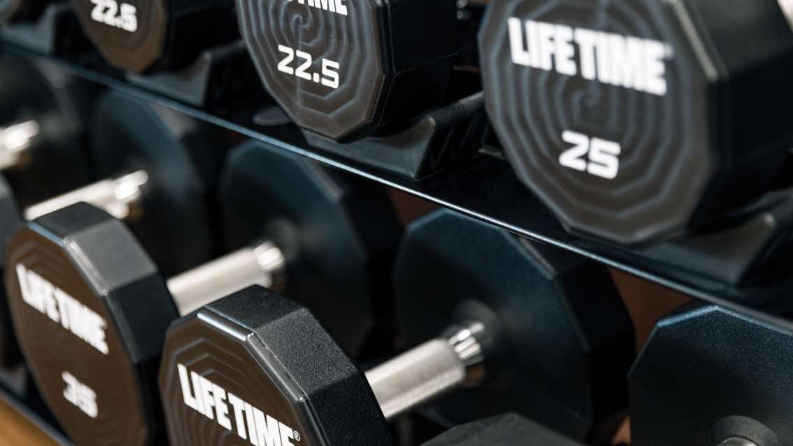Close view of dumbbells on a rack at Life Time