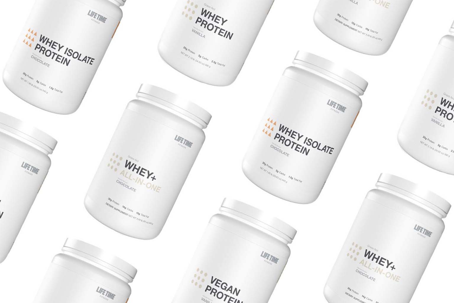 Protein powder containers from the Life Time health store