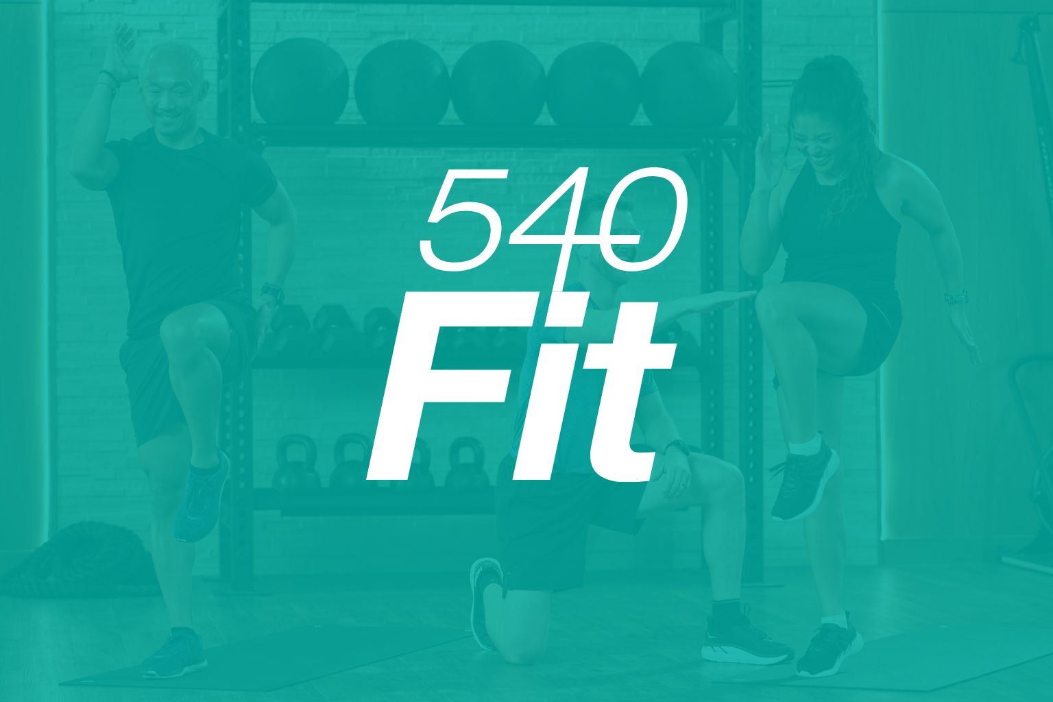 A male & female participating in a workout class with a coach instructing them, overlaid with the 5/40 Fit logo
