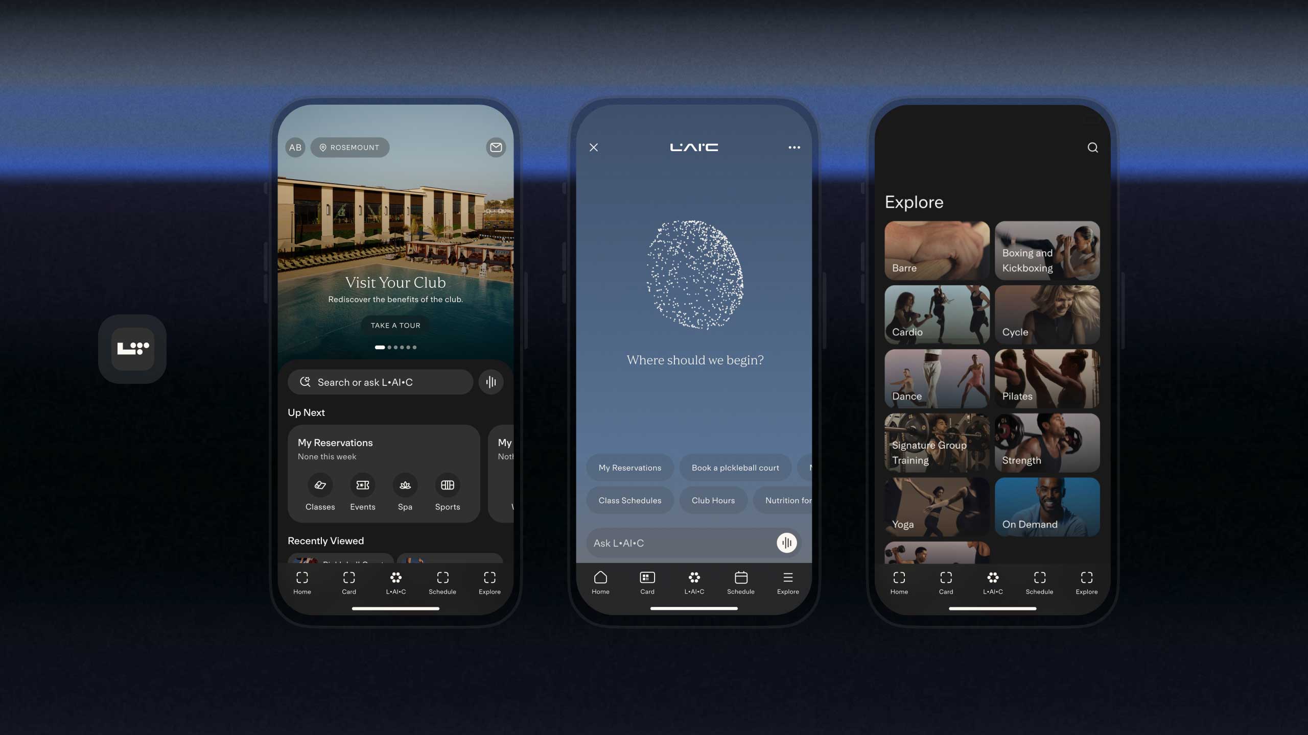 three images of phone showing different screens within the Life Time app