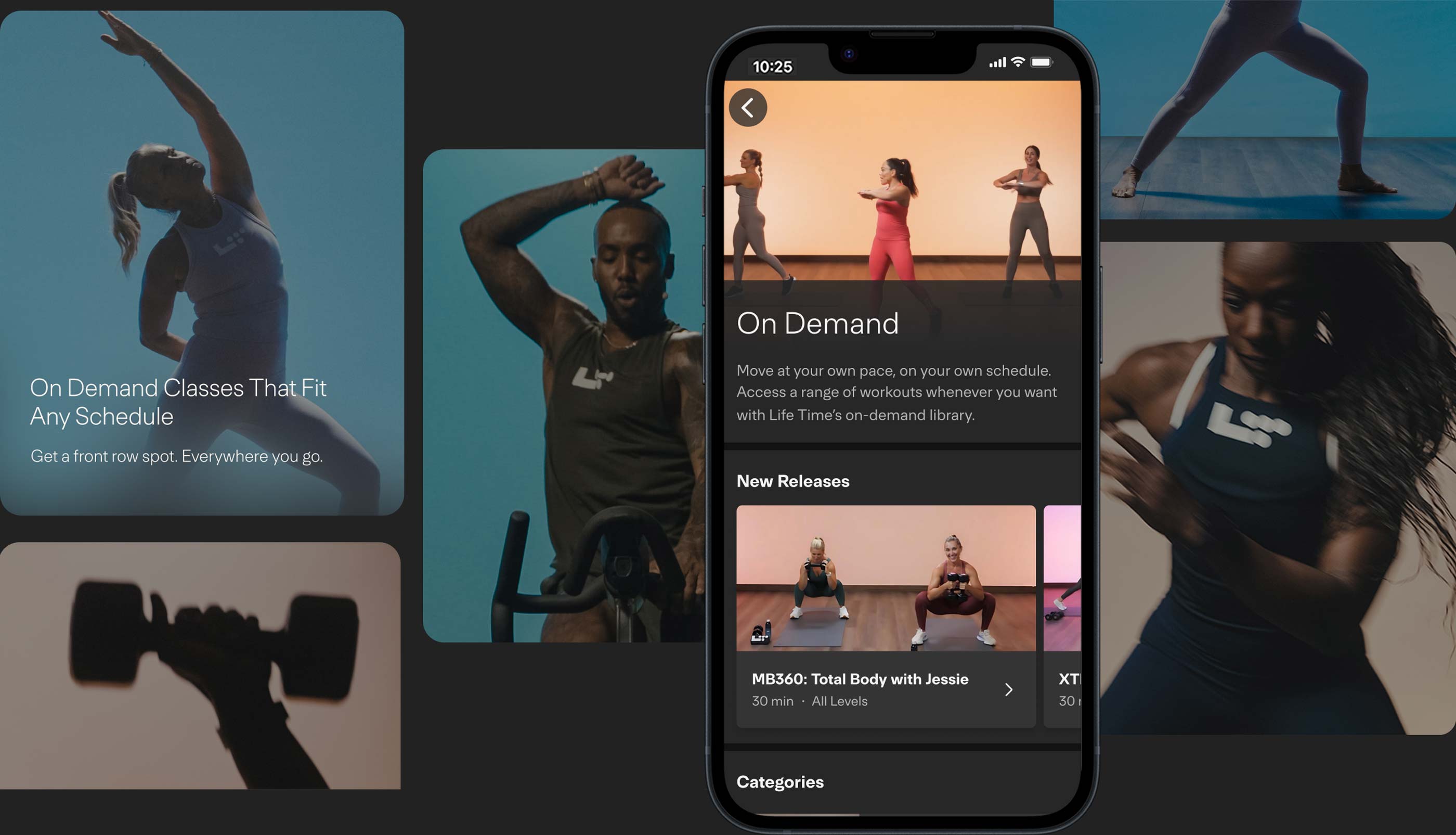 screenshots and images showing the ondemand classes on the life time mobile app, showcasing instructors leading a workout class.