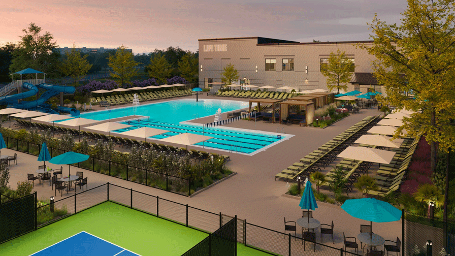 outdoor leisure pool and cabanas at Life Time