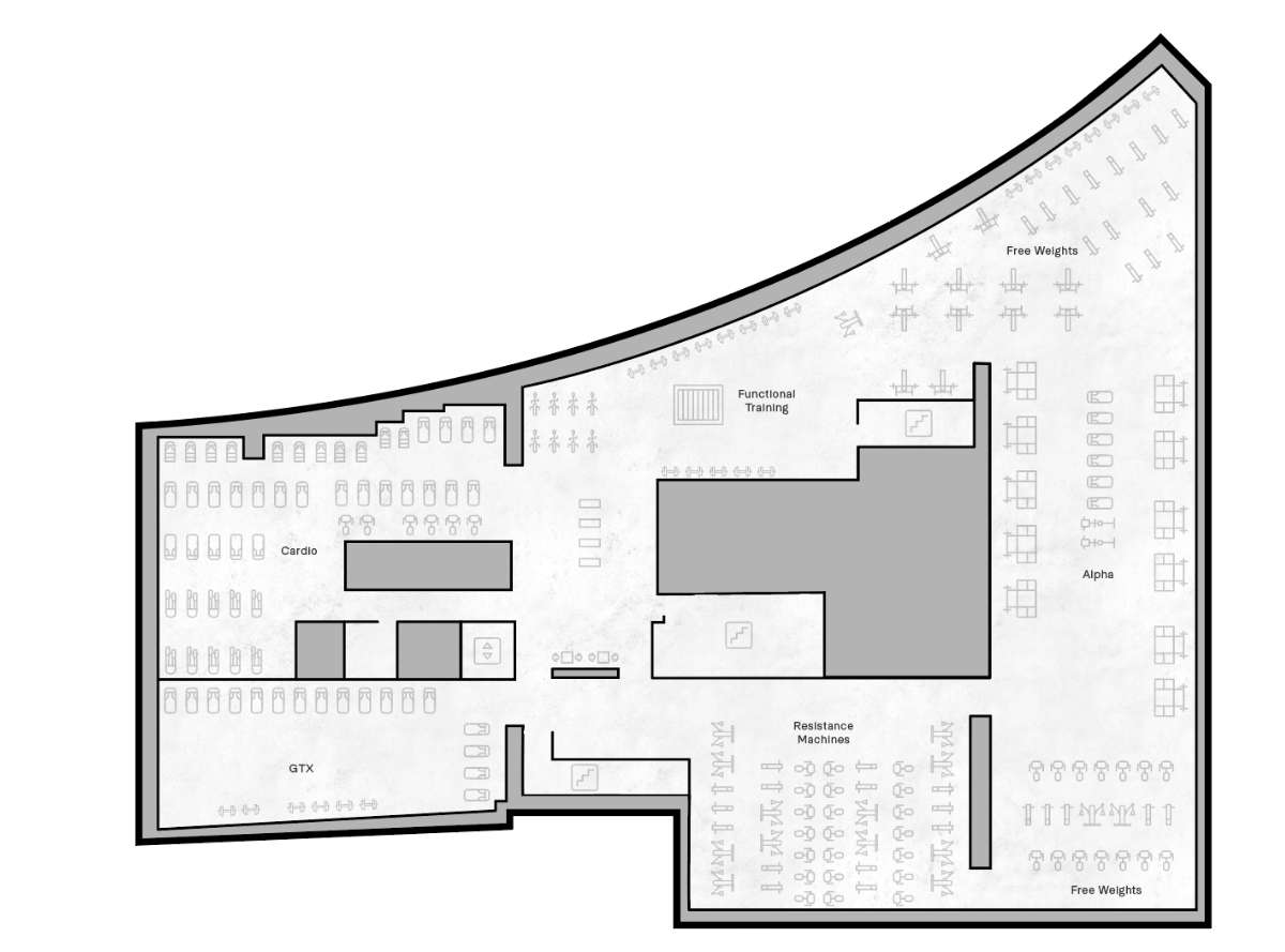 The third floor of Life Time Atlantic Avenue with a cardio, alpha and gtx room, functional training and weight lifting areas and resistance machines