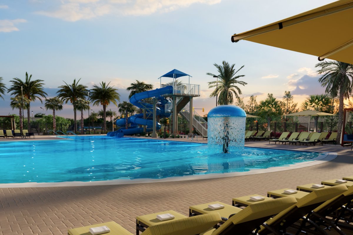 outdoor leisure pool and cabanas at Life Time