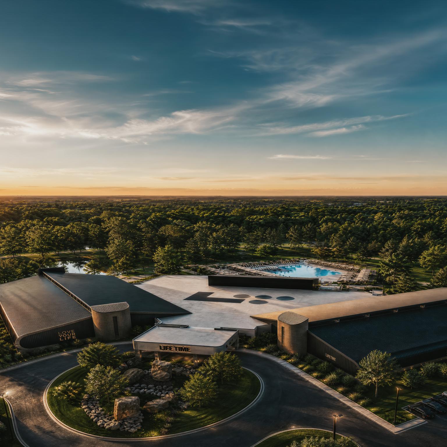 aerial view of Life Time and outdoor pools