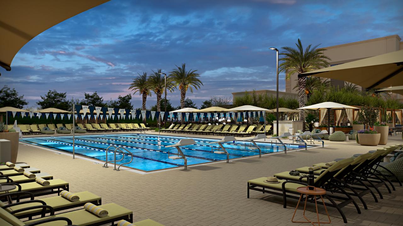 outdoor leisure pool and cabanas at Life Time