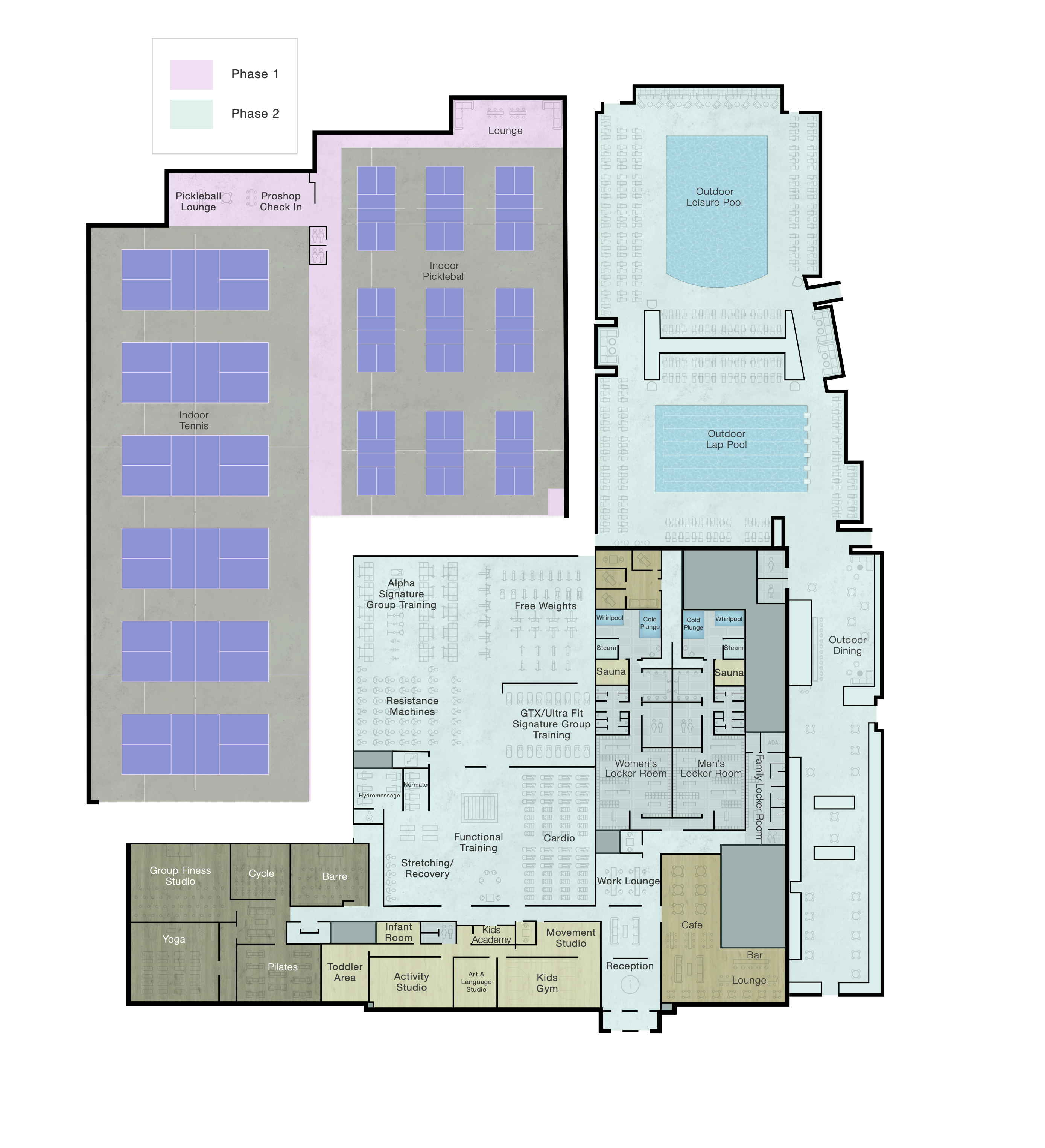 The first floor of Life Time Eagle with group fitness studios, cardio and workout floor, reception desk, kids academy, locker rooms and outdoor pickleball courts.