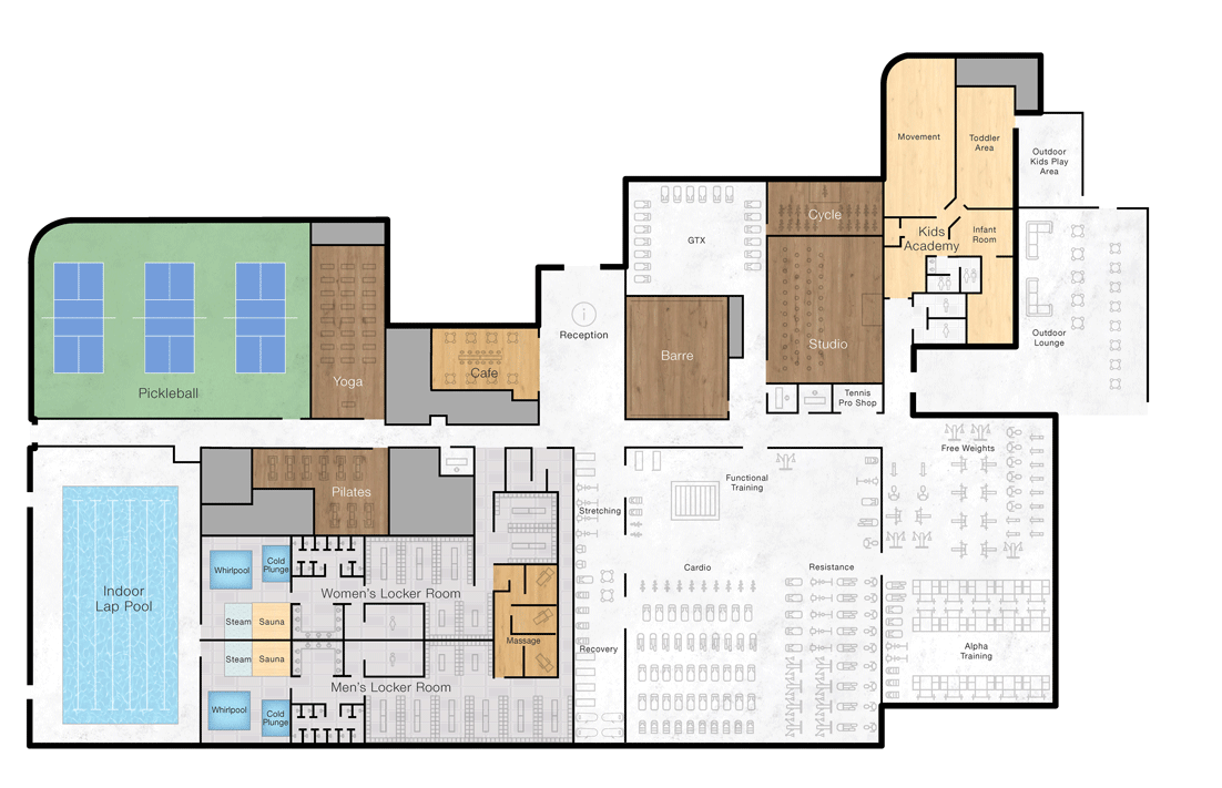 The first floor of Life Time North Druid Hills  featuring family, men and women's locker rooms, and a spa and salon. The first floor includes a functional training, cardio, group training and a reception space. 