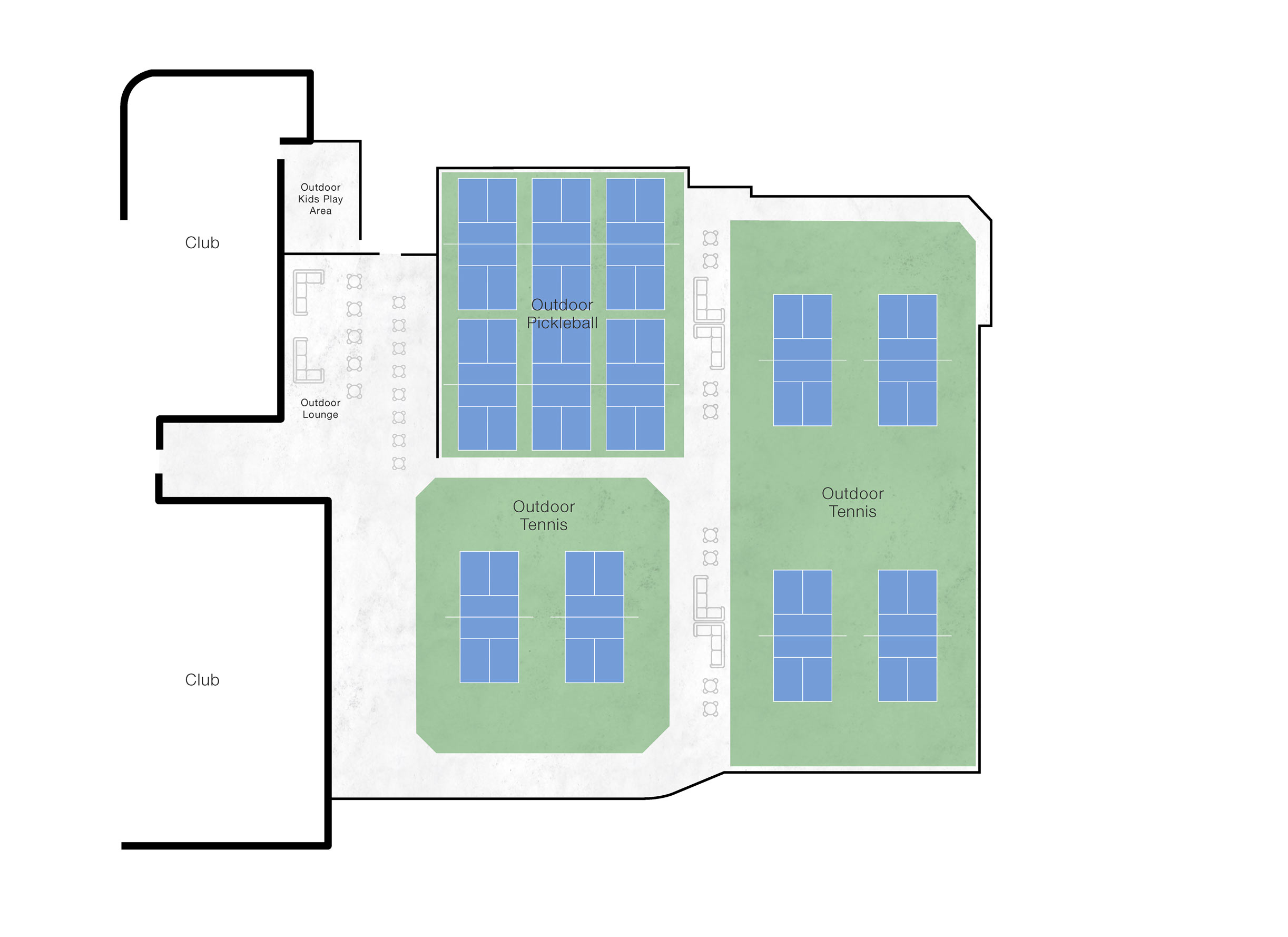 The second floor of Life Time North Druid Hills featuring the expansive outdoor pickleball and tennis courts