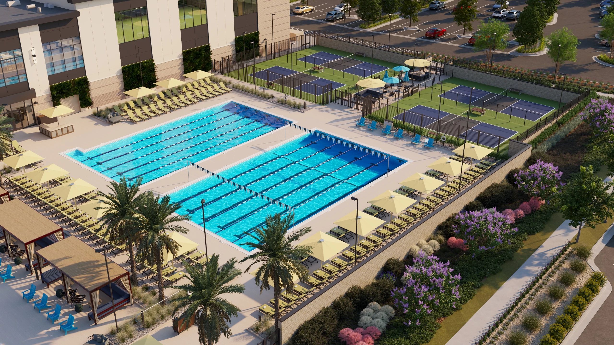 aerial view of outdoor pools at Life Time