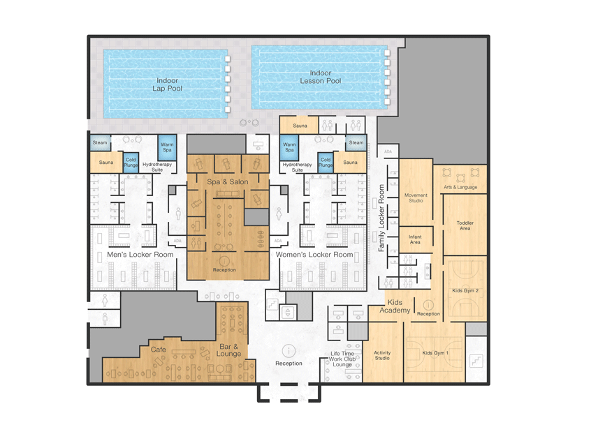 The second floor of Life Time Rosemount featuring indoor lap and lesson pool, reception desk, locker rooms, kids academy and spa